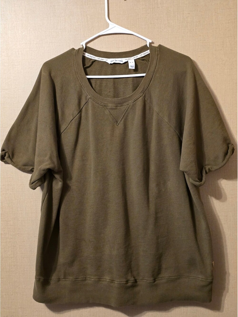 Peace Love World Olive Green Short Sleeve Sweatshirt Top Raglan Crew Neck XL